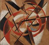 LIUBOV POPOVA SPACE-FORCE CONSTRUCTION 1921 OIL AND WOOD DUST ON WOOD